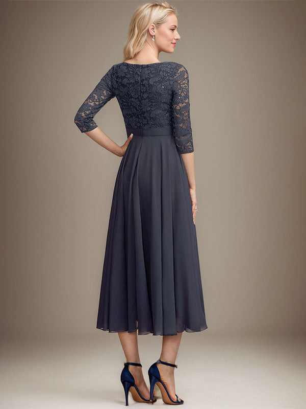 Vestido de gasa con encaje y lentejuelas para madre de la novia, corte A, escote redondo y largo hasta la rodilla