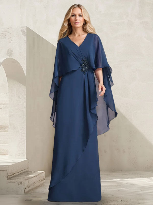 A-Linien-Kleid aus Chiffon mit V-Ausschnitt, bodenlang, mit Kaskadenrüschen und Perlenstickerei für die Mutter der Braut. 
