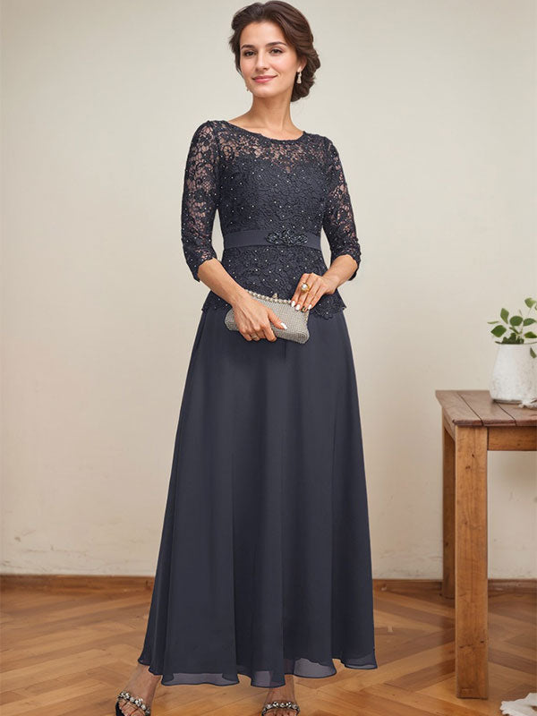 Vestido de gasa con encaje y escote ilusión hasta los tobillos para madre de la novia con cuentas de diamantes de imitación 