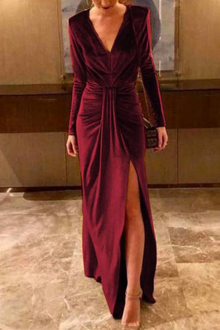 Meridress Deep V Neck Slit Ruched Velvet Party Dress(5 Colors Available)