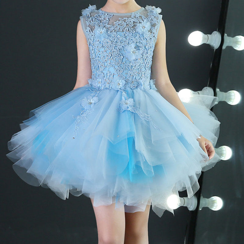 Sommer-Kommunionkleid für Mädchen, ärmellos, Paillettenstickerei, Schleppe, Prinzessinnenkleid 
