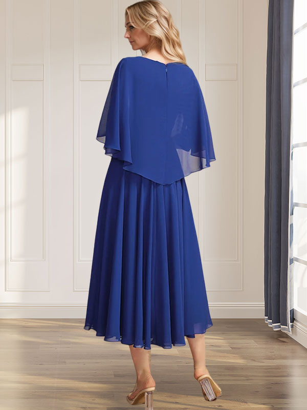A-Linien-Kleid aus Chiffon mit V-Ausschnitt, Teelänge, plissierten Paillettenapplikationen und Perlenstickerei für die Mutter der Braut 