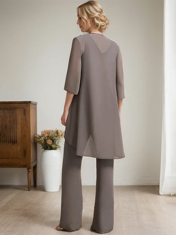 Zweiteiliges Jumpsuit-/Hosenanzug-Set, bodenlanges Chiffon-Spitzenkleid mit Perlen- und Paillettenstickerei für die Mutter der Braut 