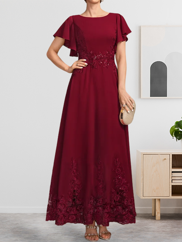 A-Linien-Kleid mit Rundhalsausschnitt, knöchellang, aus Spitze und Chiffon, mit Pailletten besetzt
