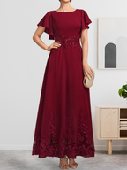 A-Linien-Kleid mit Rundhalsausschnitt, knöchellang, aus Spitze und Chiffon, mit Pailletten besetzt