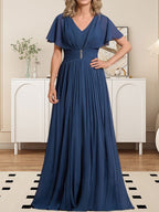 A-Linien-Chiffonkleid mit V-Ausschnitt, bodenlang, für die Mutter der Braut, mit Kristallbrosche und Falten 