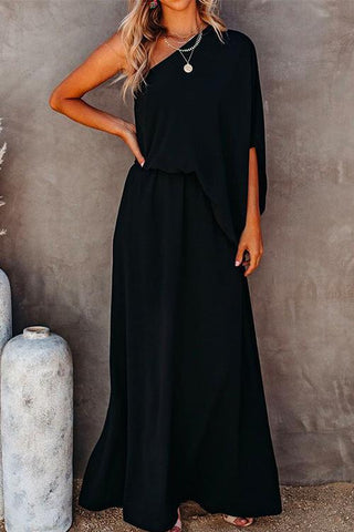Vestido largo Meridress con un hombro, mangas murciélago y abertura lateral en la cintura