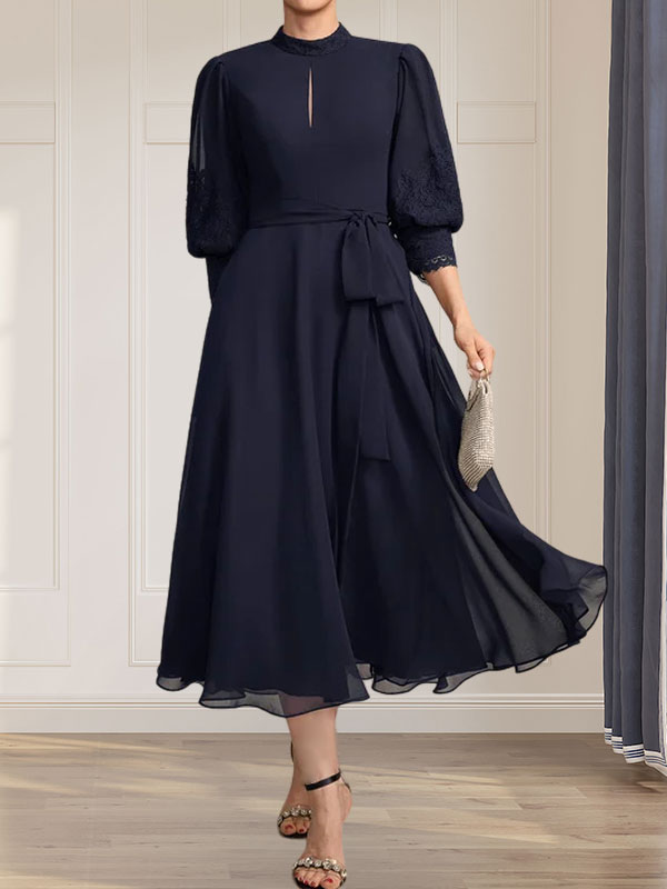 A-Linien-Kleid aus Chiffon mit hohem Kragen, Teelänge und Spitze für die Mutter der Braut, verziert mit einer Schleife