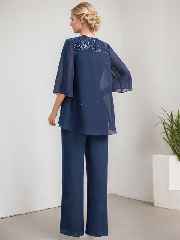 Zweiteiliger Jumpsuit/Hosenanzug, bodenlanges Chiffon-Kleid mit Spitze und Pailletten für die Mutter der Braut