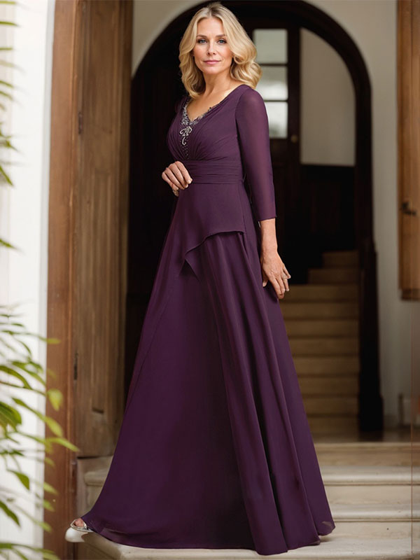 A-Linien-Kleid aus Chiffon mit V-Ausschnitt, bodenlang, für die Mutter der Braut, mit plissierter Perlenstickerei
