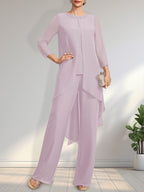 Zweiteiliger Jumpsuit/Hosenanzug, bodenlanges Chiffonkleid für die Mutter der Braut mit Paillettenbesatz und Rundhalsausschnitt.