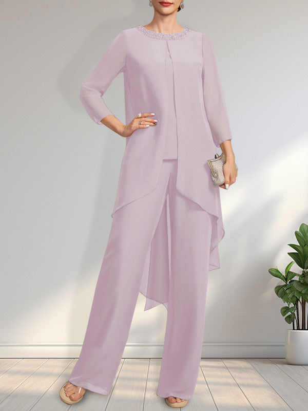 Vestido de gasa para madre de la novia, con escote redondo y largo hasta el suelo, con lentejuelas y abalorios, estilo mono/pantalón.