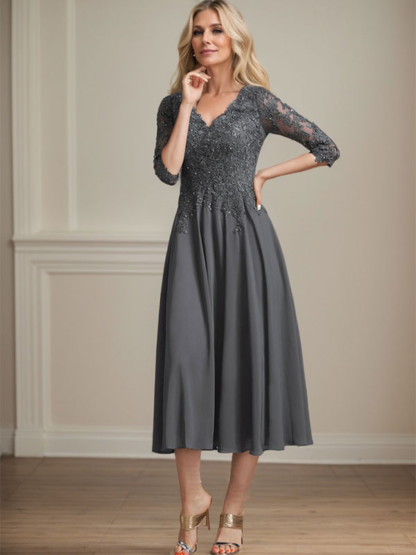 A-Linien-Kleid aus Chiffonspitze mit V-Ausschnitt, Teelänge, Perlen- und Paillettenstickerei für die Mutter der Braut 