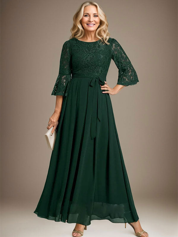 Vestido de gasa con encaje y lazo para madre de la novia, corte A, escote redondo hasta los tobillos