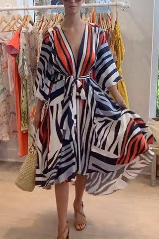 Meridress V Neck Lantern Sleeve Tie Waist Printed Irregular Swing Dress