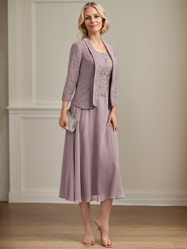 Vestido de gasa con encaje y escote redondo hasta la rodilla para madre de la novia 