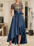 A-Linien-Kleid mit asymmetrischem Ausschnitt, Pailletten und Spitze aus Satin und Spitze für die Mutter der Braut, mit Schleife