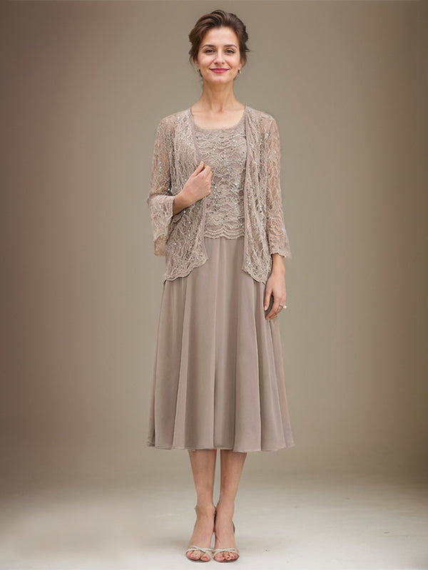 Vestido de gasa con encaje y lentejuelas para madre de la novia, corte A, escote redondo y largo hasta la rodilla 