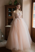 Schulterfreies, langes, formelles Kleid aus rosa Tüll in A-Linie, Prinzessinnen-Stil, Abendkleid