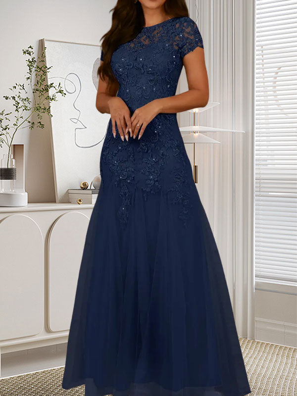 Dunkelblaues Meerjungfrauen-Tüllkleid mit Pailletten und Rundhalsausschnitt