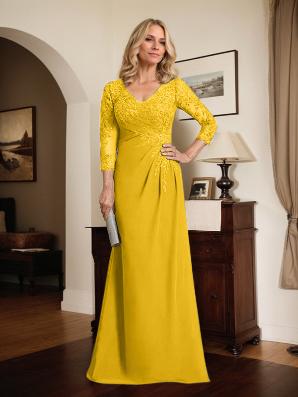 Etuikleid/Säulenkleid mit V-Ausschnitt, Illusion-Detail, bodenlang, aus Chiffonspitze und plissierten Pailletten für die Mutter der Braut 