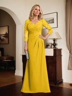 Etuikleid/Säulenkleid mit V-Ausschnitt, Illusion-Detail, bodenlang, aus Chiffonspitze und plissierten Pailletten für die Mutter der Braut 