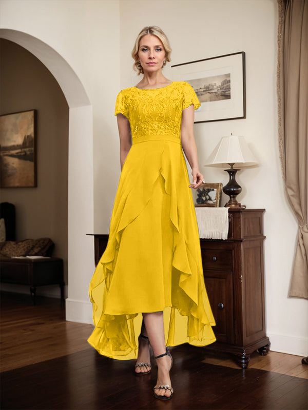 Vestido de madre de la novia de gasa asimétrica con escote en A, ilusión, encaje, lazo, volantes y lentejuelas 