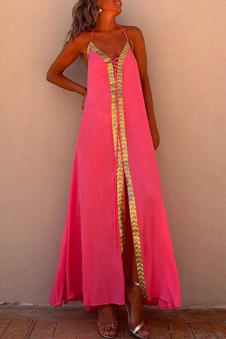 Vestido largo camisola Meridress con escote en V, espalda descubierta y lentejuelas con aberturas detalladas
