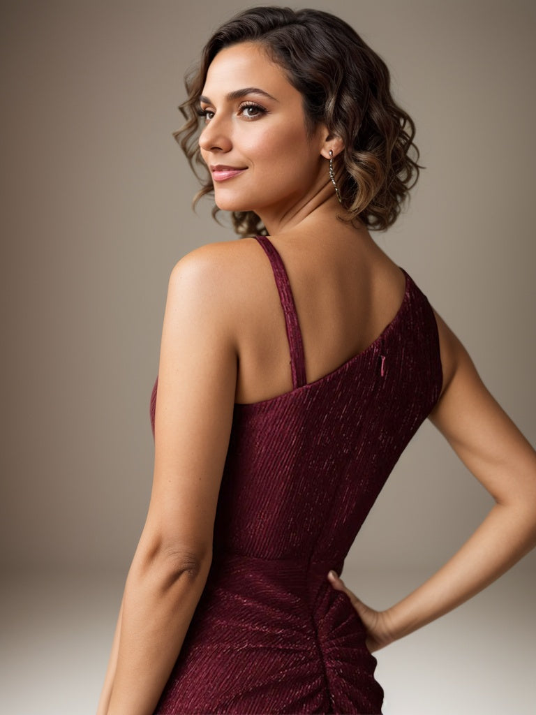 Rubinrotes Etuikleid mit One-Shoulder-Schulter und Metallic-Mesh-Optik, Brautmutterkleid
