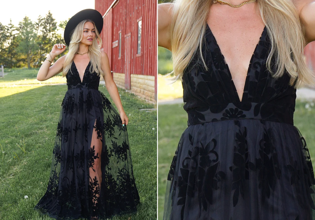 Schwarzes A-Linien-Maxikleid aus Samttüll mit tiefem V-Ausschnitt, perfekt als Hochzeitsgastkleid, Verlobungskleid oder Ballkleid