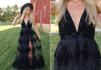 Schwarzes A-Linien-Maxikleid aus Samttüll mit tiefem V-Ausschnitt, perfekt als Hochzeitsgastkleid, Verlobungskleid oder Ballkleid