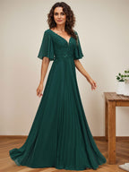 A-Linien-Kleid aus Chiffon mit V-Ausschnitt, bodenlang, mit Paillettenapplikationen, Spitze und Falten für die Mutter der Braut 