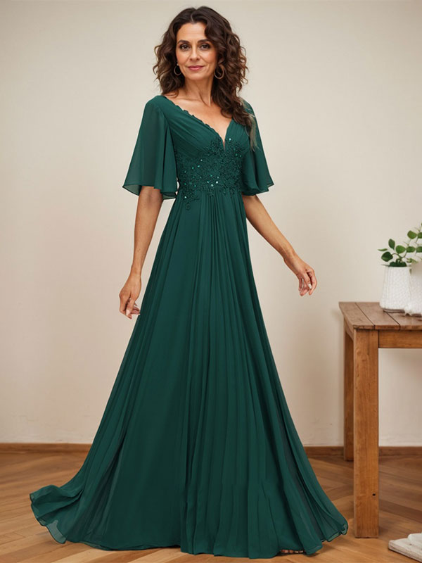A-Linien-Kleid aus Chiffon mit V-Ausschnitt, bodenlang, mit Paillettenapplikationen, Spitze und Falten für die Mutter der Braut 