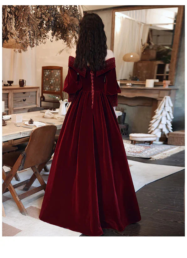 Vestido largo formal de terciopelo con mangas abullonadas y corte princesa, corte A, para fiesta y graduación
