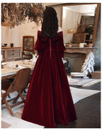 Vestido largo formal de terciopelo con mangas abullonadas y corte princesa, corte A, para fiesta y graduación