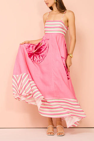 Meridress Backless Stripes Splice Floral Print Swing Maxi Cami Dress