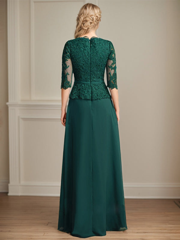 A-Linien-Kleid aus Chiffon mit V-Ausschnitt, bodenlang, mit Spitze, Kaskadenrüschen und Pailletten für die Mutter der Braut 