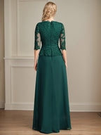 A-Linien-Kleid aus Chiffon mit V-Ausschnitt, bodenlang, mit Spitze, Kaskadenrüschen und Pailletten für die Mutter der Braut 