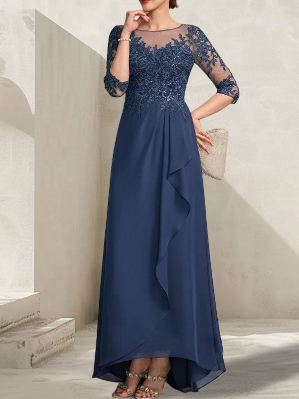 A-Linien-Kleid mit asymmetrischem, transparentem Chiffon-Spitzenausschnitt, Pailletten und Kaskadenrüschen für die Mutter der Braut