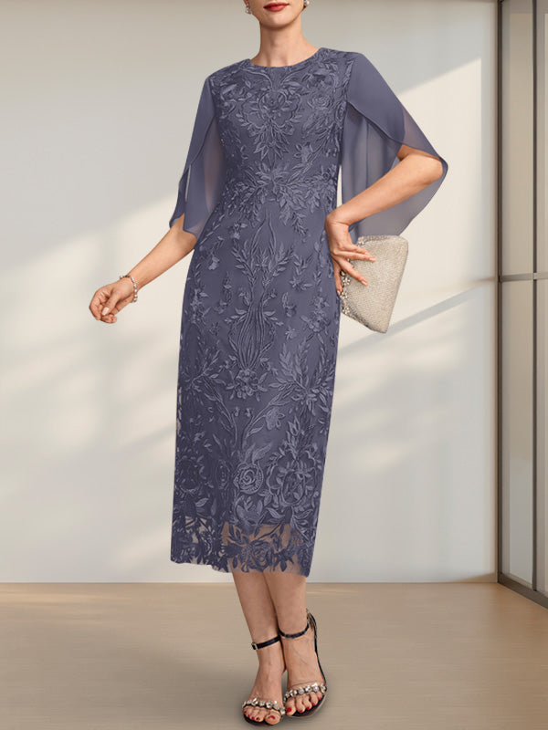 Etuikleid/Säulenkleid mit Rundhalsausschnitt, Teelänge, aus Spitze und Chiffon, ideal für die Mutter der Braut