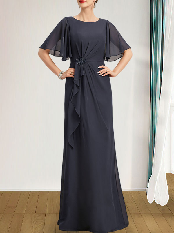 A-Linien-Kleid aus Chiffon in Bodenlänge für die Mutter der Braut mit kaskadenartigen Rüschen, Perlen und Pailletten