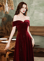 Sparkling Velvet Off Shoulder Long Party Dress A-line Prom Dress Evening Dress