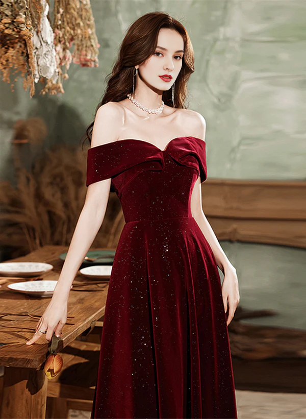 Sparkling Velvet Off Shoulder Long Party Dress A-line Prom Dress Evening Dress