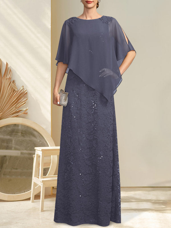 Vestido de madre de la novia de gasa con encaje, escote redondo y largo hasta el suelo, con lentejuelas y abalorios