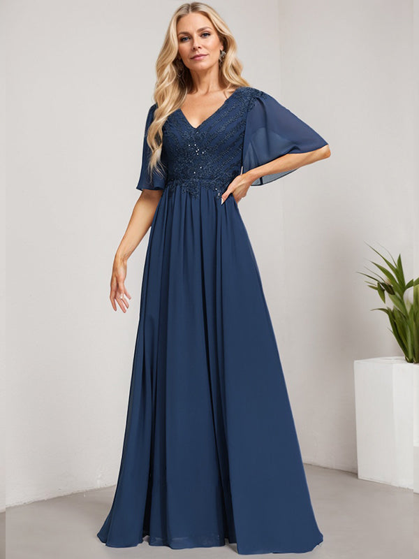 Vestido de gasa con encaje y lentejuelas para madre de la novia, corte A, escote en V y largo hasta el suelo 