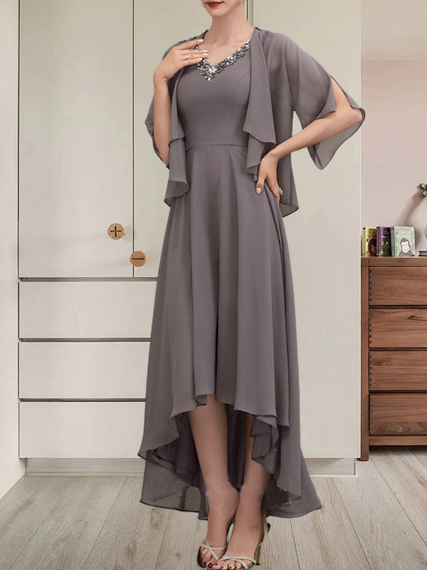 A-Linien-Kleid aus Chiffon mit V-Ausschnitt, asymmetrischem Muster und Perlen- und Paillettenbesatz für die Mutter der Braut