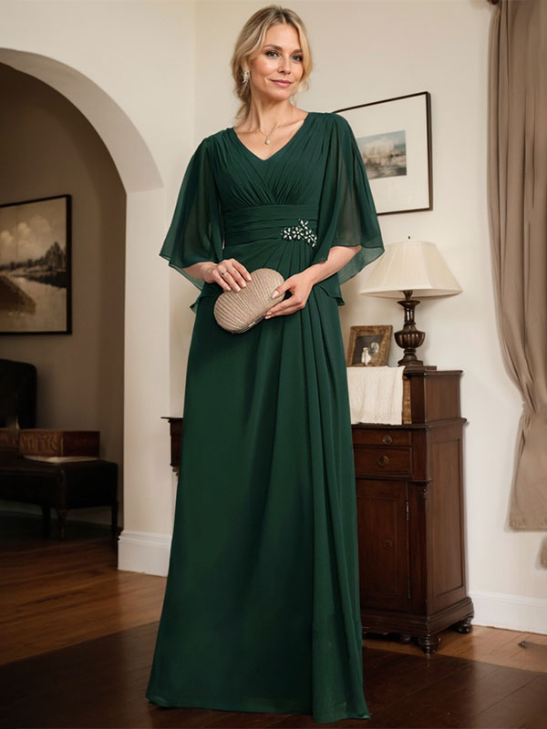 Vestido de gasa para madre de la novia, con escote en V, largo hasta el suelo, con lentejuelas plisadas y abalorios.