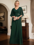 Vestido de gasa para madre de la novia, con escote en V, largo hasta el suelo, con lentejuelas plisadas y abalorios.