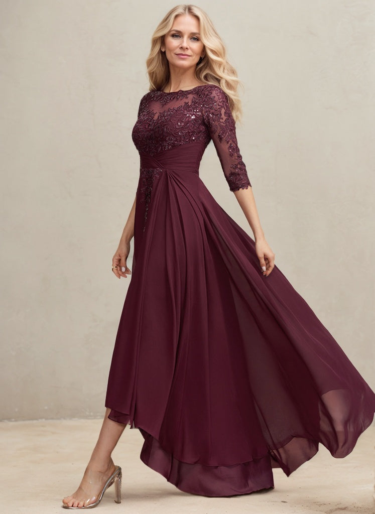 Vestido de madre de la novia de gasa con encaje asimétrico, ilusión, corte A y lentejuelas plisadas 