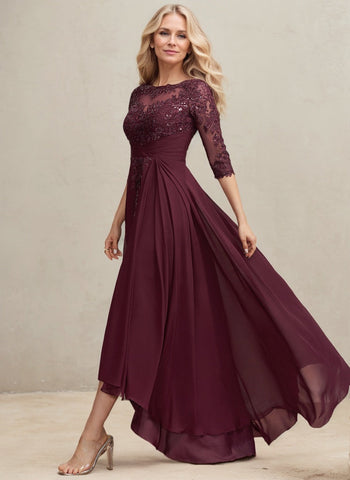 A-Linien-Kleid mit asymmetrischem Ausschnitt, Illusion-Effekt, Spitze und Chiffon, verziert mit plissierten Pailletten, ideal für die Mutter der Braut 